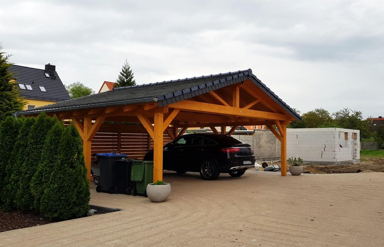 Clean carport installation extending from a home